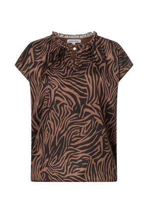 Braun- und schwarze Bluse mit kurzen Ärmeln, die ein Zebra-Muster, eine geraffte Halslinie und einen Schlüsselloch-Ausschnitt aufweist. Hergestellt aus glattem, leichtem Stoff.