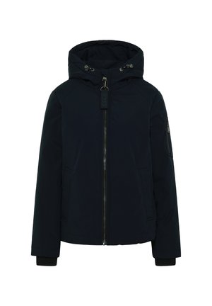 Marineblauwe hooded jack met ritssluiting aan de voorkant, een ritszak op de linkermouw en twee voorzakken, met verstelbare koordjes voor de capuchon.