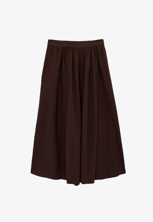 Falda marrón oscuro hasta la rodilla con corte en línea A, cintura fruncida y textura suave, exhibida plana sobre un fondo blanco.