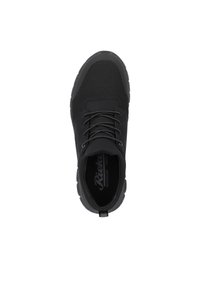 Black lace-up sneaker with a textured mesh upper, rounded toe, and rubber outsole. Features branded insole and a pull tab at the heel.