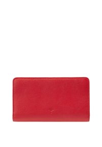 Rotes Lederportemonnaie mit strukturierten Oberflächen, rechteckiger Form und minimalistischem Design. Dezentes, geprägtes Logo in der Mitte.