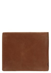 Braune Leder Brieftasche mit glatter Oberfläche, im Zweiseiten-Design und dezenten Stichdetails. Mit geprägt Logo in der unteren Ecke.
