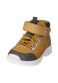 Bota de senderismo marrón con una puntera gris, suela de goma blanca y cordones amarillos. Presenta una correa de velcro y un forro de malla para mayor transpirabilidad.