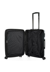 Maleta rígida con un exterior gris metálico, asa retráctil, cuatro ruedas y un interior negro con correas cruzadas para asegurar los objetos.