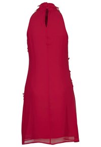 A red sleeveless dress with a back keyhole opening, featuring side ruching and a smooth, lightweight fabric.