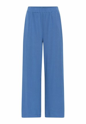 Blue ribbed wide-leg pants with an elastic waistband. Smooth texture and full-length design, featuring vertical stripes for added detail.