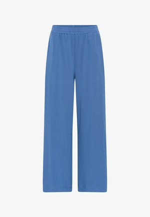 Blå ribe-de brede bukser med elastisk talje. Glat tekstur og fuldlængde design, med vertikale striber for ekstra detaljer.