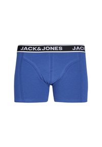 Boxers azuis feitos de tecido suave. Apresenta uma cintura preta com texto branco "JACK & JONES". Textura suave, design ajustado.