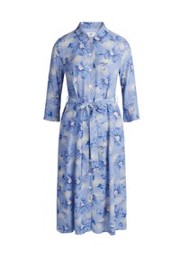 Abito midi floreale di colore azzurro chiaro con maniche a tre quarti, una parte anteriore con bottoni e una vita annodata, caratterizzato da un motivo botanico nei toni del rosa e del blu.