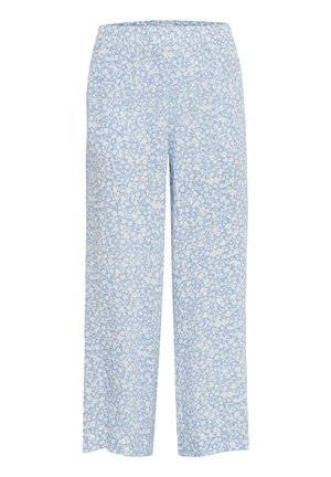 Svijetloplave široke hlače s cvjetnim uzorkom u bijeloj boji. Izrađene su od mekog materijala i imaju elastičnu traku u struku za udobnost.
