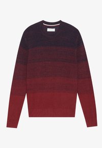 Pulover tricotat cu guler rotund, având un design gradient în roșu închis și bleumarin. Material texturat cu mansete și tiv ribate.