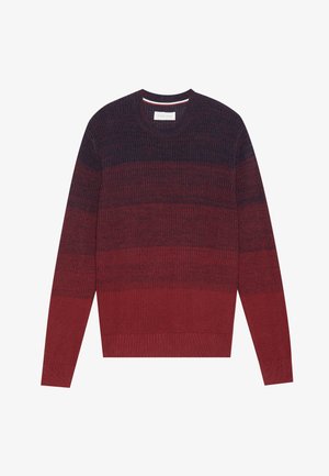 Knitted crewneck sweater featuring a gradient design in dark red and navy. Textured fabric with ribbed cuffs and hem.