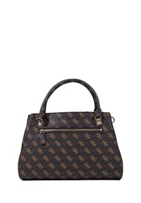 Sac à main bleu foncé avec motif de logo doré, fermeture éclair et anses doubles. Fabriqué en matériau texturé, présentant une forme rectangulaire élégante.
