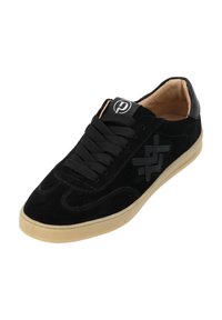 Sneaker in suede nera con punta rotonda, suola in gomma piatta, lacci neri e una patch con logo sulla linguetta. Presenta un design stampato sul lato.