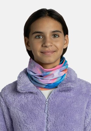 Mehrfarbiger tubularer Schal mit einem Galaxiemuster in Pink- und Blautönen. Weicher, stretchiger Stoff, der für Komfort sorgt.