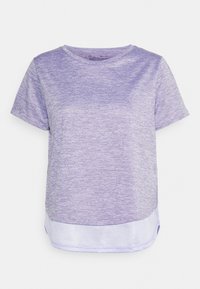 Lila t-shirt med kort ärm, med en texturerad design och en mesh-nedre fåll. Rund halsringning, mjukt tyg och avslappnad passform.