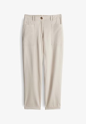 Beige pants with a straight leg design, featuring two front pockets and a button closure, made from a lightweight, smooth fabric.