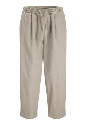 Licht beige casual broek met elastische tailleband en trekkoord, rechte pijpen, zonder zichtbare zakken of patronen.
