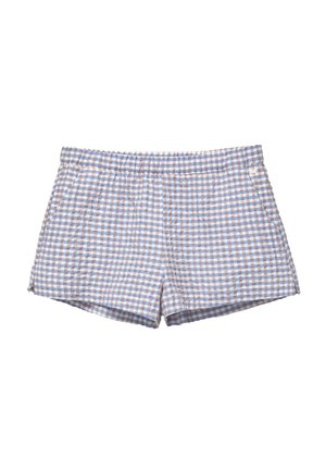 Shorts à carreaux bleu clair et marron, fabriqués dans un tissu doux. Dispose d'une taille élastique et d'une coupe décontractée. Longueur courte sans poches.