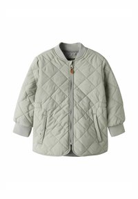 Veste bomber matelassée vert clair avec fermeture éclair sur le devant, col et poignets côtelés, deux poches latérales et ourlet arrondi. Texture douce et lisse.
