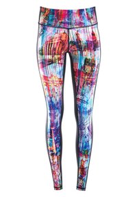 Kleurige leggings met een levendig stadslandschap ontwerp en abstracte patronen in roze, blauw en paars. Gemaakt van rekbare, ademende stof.