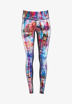 Kleurige leggings met een levendig stadslandschap ontwerp en abstracte patronen in roze, blauw en paars. Gemaakt van rekbare, ademende stof.