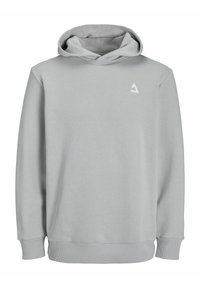 Ljusgrå hoodie gjord av mjuk bomullsblandning, med en framsidan känguruficka, ribbade muddarna och en liten logotyp på bröstet.
