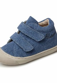 Denim blue velcro sneakers with a textured fabric, rounded toe, and a beige rubber sole. Features double straps for secure fastening.