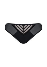 Fekete bikini alsó, chevron mintával, áttetsző és sima panelek kombinációjával. Puha tapintású, alacsony derekú fazonú, széles oldalpántokkal.