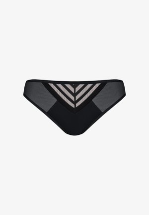 Pantaloni de baie negri, cu un design în formă de zigzag, având panouri transparente și opace. Textură moale, cu un croi jos și banda laterală largă.