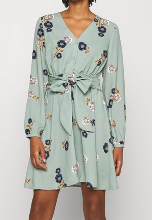 Femme portant une robe fleurie vert clair à manches longues, boutonnée devant, avec un profond décolleté en V et un grand nœud noué à la taille.
