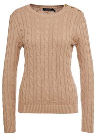 Suéter beige de punto trenzado con mangas largas y dobladillo acanalado. Cuenta con botones dorados en el hombro izquierdo. Textura suave y diseño ajustado.