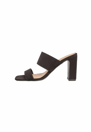 Black suede open-toe heeled sandal with two wide straps and a square toe. The heel is chunky and approximately 3 inches tall.