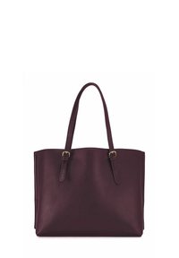 Bordowa torba typu tote wykonana ze skóry o gładkiej fakturze, z dwoma długimi uchwytami i metalowymi zdobieniami w kolorze złotym. Prostokątny kształt z przestronnym wnętrzem.