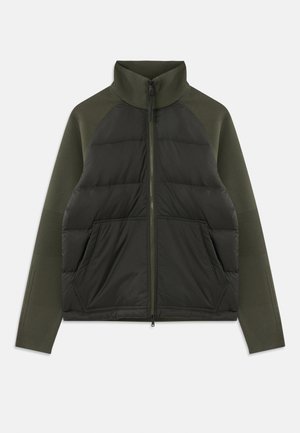 Dark green zip-up jacket with padded front panel, knitted sleeves, high collar, and front pockets on a white background.