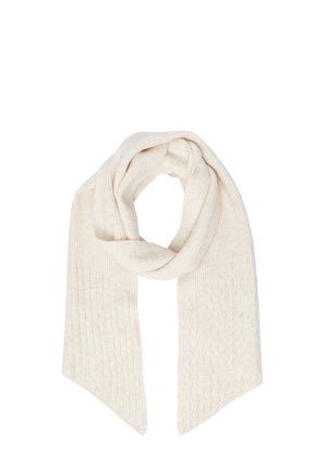 Sciarpa morbida color crema lavorata a maglia con motivi a treccia e a coste, piegata ad anello con due estremità appuntite che pendono.
