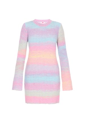 Rochie tricotată cu mâneci lungi în culori pastelate cu un gradient; prezintă o textură ribbed, gât rotund și nuanțe variate de roz, albastru și galben.