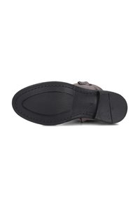 Leather shoe sole, black rubber, curved, smooth texture, reinforced edges, visible stitching, slight tread pattern for grip.
