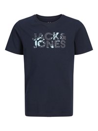 Temno mornarsko modra bombažna majica s potiskom, na katerem je napis »JACKS&JONES« v različnih odtenkih sive in svetlo modre barve.