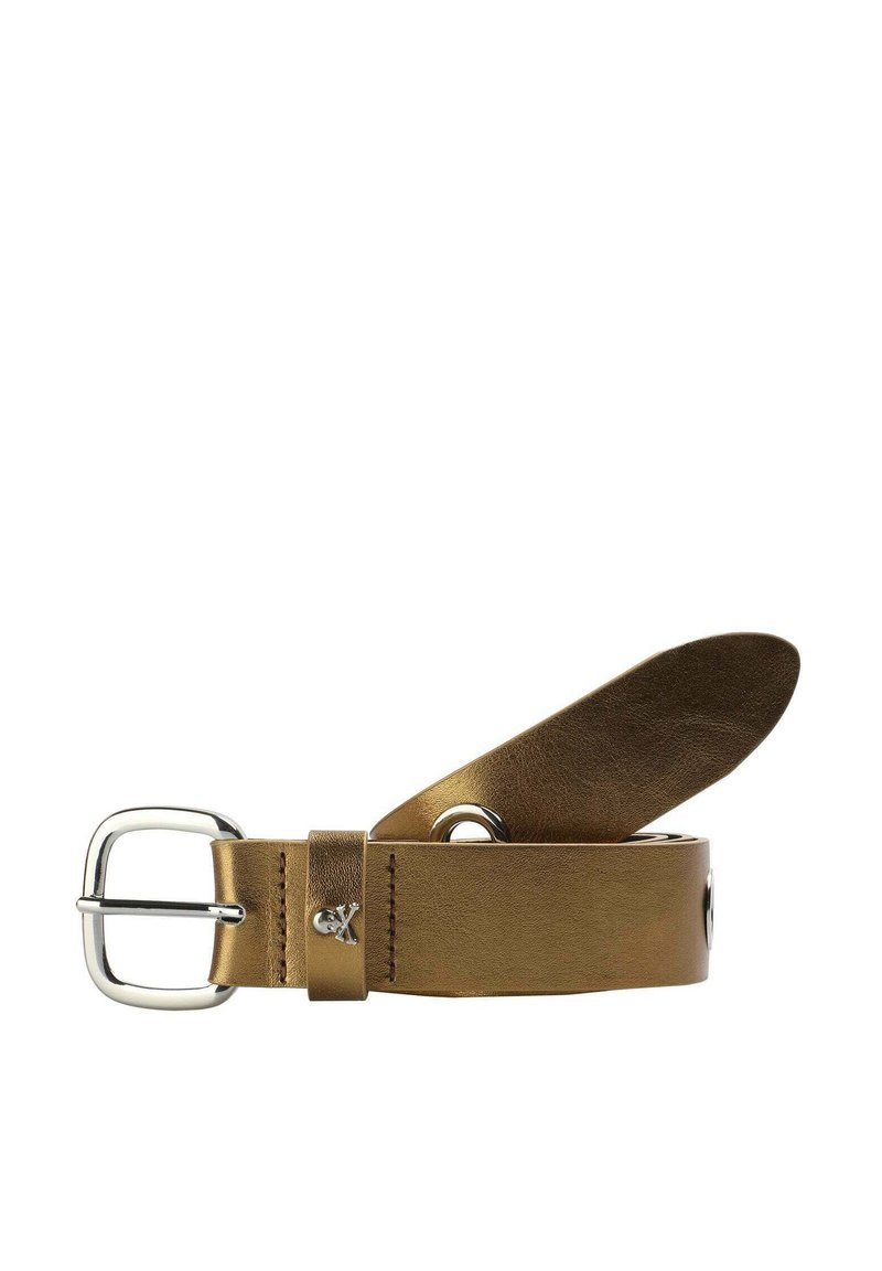 Brown leather belt with a silver square buckle. The belt features a smooth texture and distinct stitching at the buckle attachment.