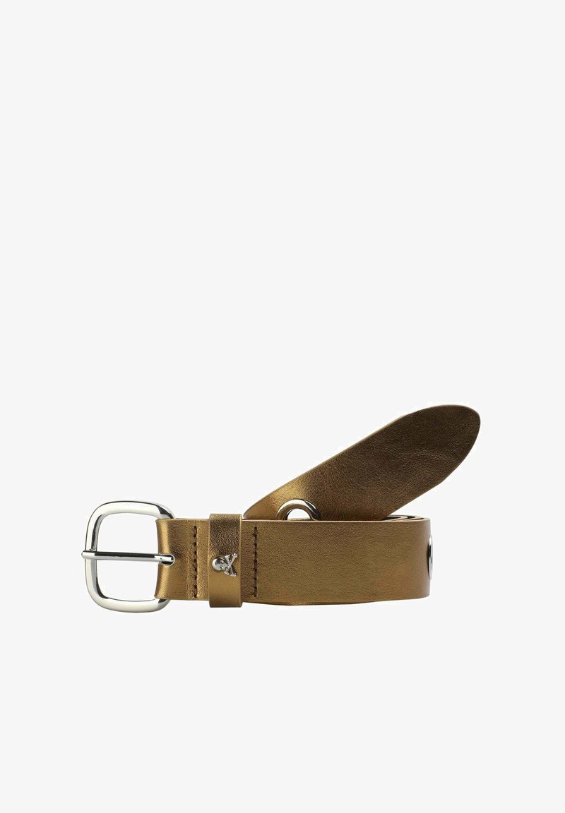 Brown leather belt with a silver square buckle. The belt features a smooth texture and distinct stitching at the buckle attachment.
