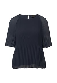 Blouse plissée bleu marine à manches courtes, col rond et détail ouverture dans le dos. Tissu léger et texturé avec un drapé fluide.
