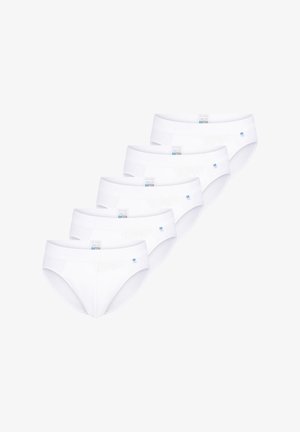 Fem par hvide bomuldsunderbukser med en glat tekstur, med en blå label på linningen, der siger "Long Life Cotton".