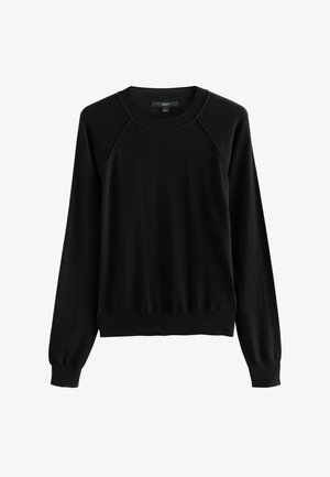 Svart sweatshirts med långa raglanärmar, ribbad rundhals och nederkant, mjuk textur och minimalistisk design. Etikett synlig vid halsringningen.