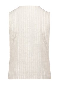 Top sans manches de couleur crème avec des rayures blanches verticales. Fabriqué à partir d'un tissu texturé avec un design simple et droit, sans embellissements.