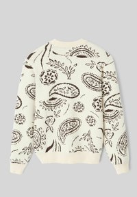 Pull en laine avec un fond crème, orné de motifs paisley et floraux bruns intriqués, et avec un col rond et des poignets côtelés.