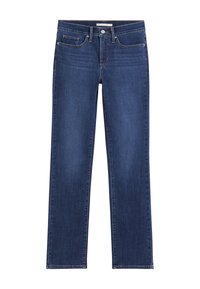 Dark blue straight-leg jeans with front pockets, belt loops, and button closure, displayed on a white background.