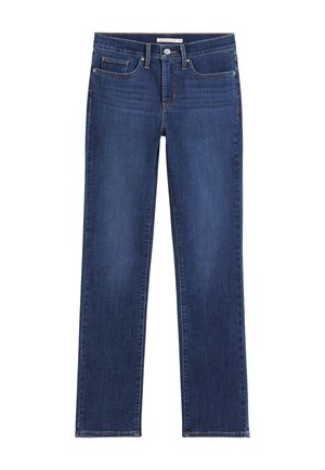 Dark blue straight-leg jeans with front pockets, belt loops, and button closure, displayed on a white background.