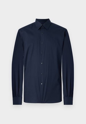 Tume sinine pika varrukaga särk siledast kangast, klassikalise kraega, nupuga ette, millel on ruudukujulised mustad nupud ja nupuga mansetid.