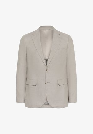 Gaiši pelēks bleizers, izgatavots no teksturēta auduma, ar izgrieztiem klapēm, divām priekšējām kabatām un diviem pogām, ar gludu iekšējo oderi.